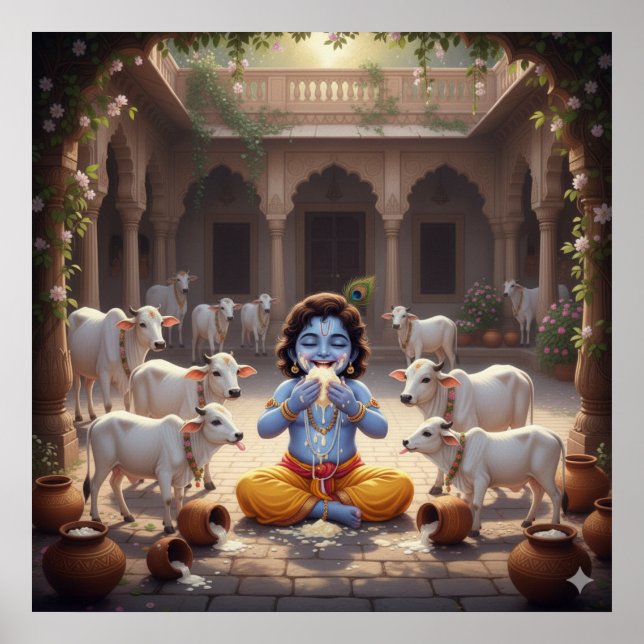 Póster Krishna Bala Brillante Juguetón Comiendo Mantequil (Frente)