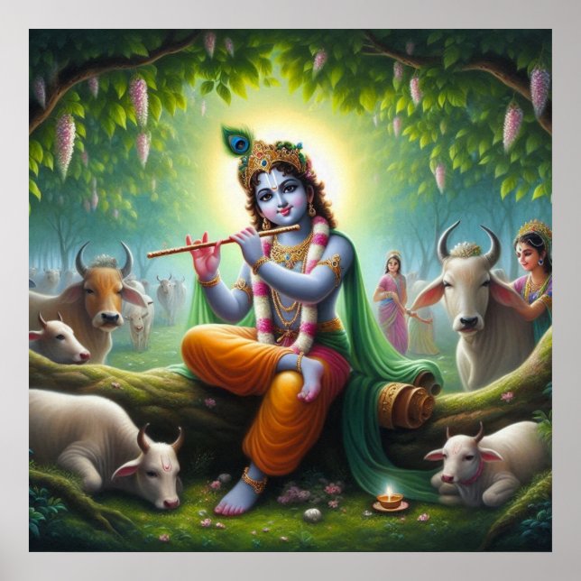Póster Krishna tocando la flauta bajo el árbol de Kadamba (Frente)