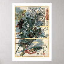 Kuniyoshi vintage Japón Guerrero luchando contra l
