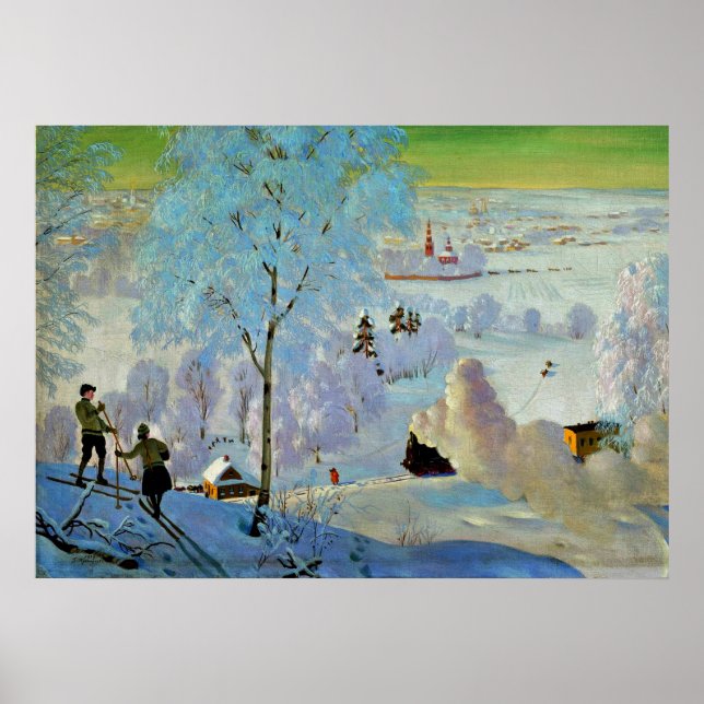 Póster Kustodiev - Esquiadores (Frente)