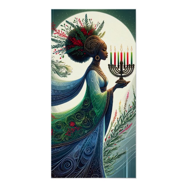 Póster Kwanzaa Mujer hermosa con Kinara (Anverso)
