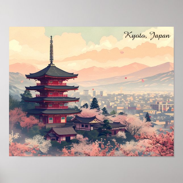 Póster Kyoto Japan Cherry Blossom Temple Art –  Sapura  (Frente)