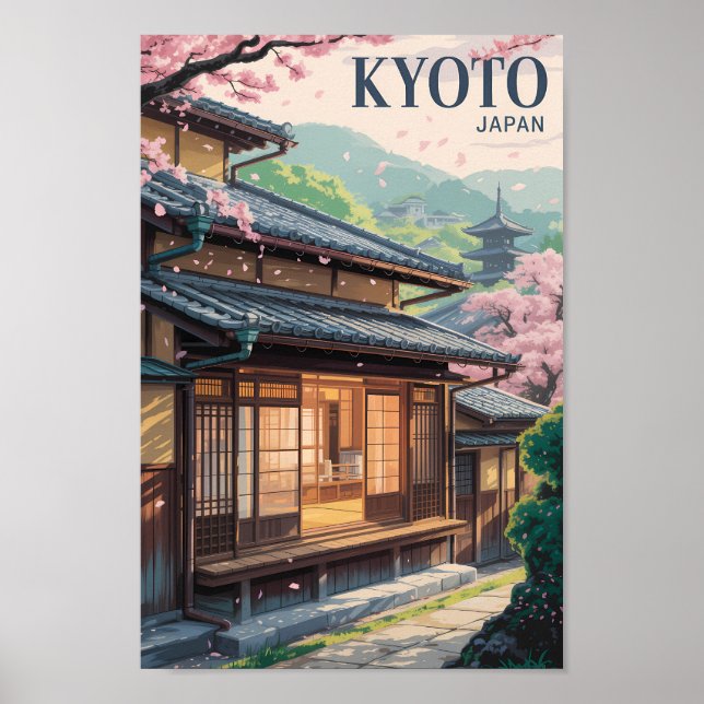 Póster Kyoto Japan House Illustration Travel Art Vintage (Frente)