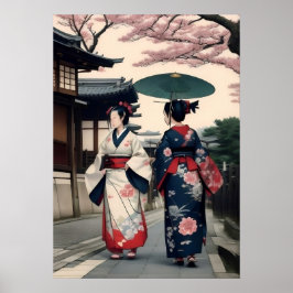Póster Kyoto Spring Walk Wall Art – Kimono Scene