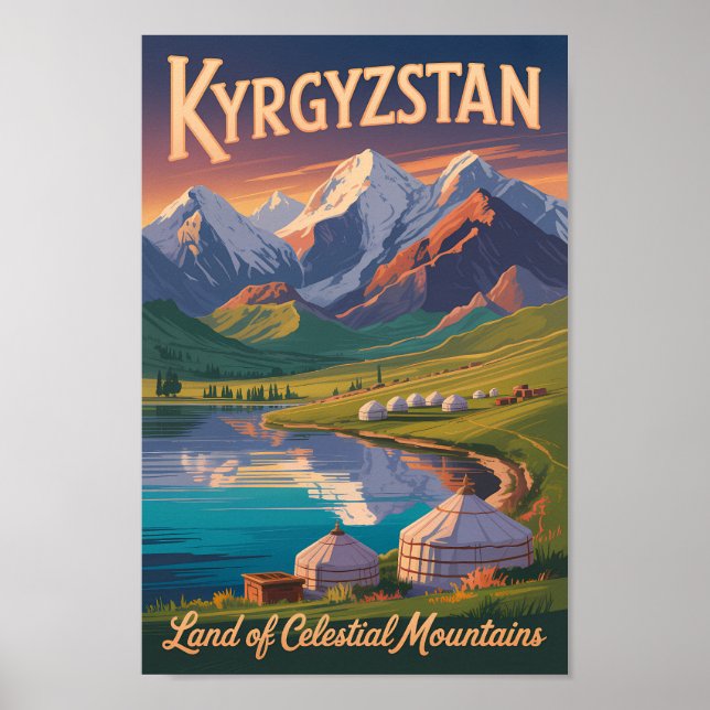 Póster Kyrgyzstan Mountains Illustration Travel Art Vinta (Frente)