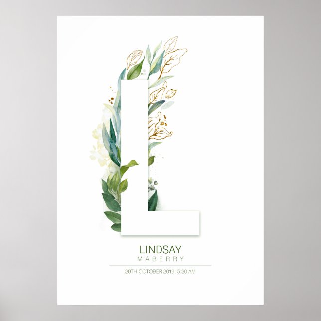 Póster L Letter Monogram Gold Greenery Foliage Chic (Frente)