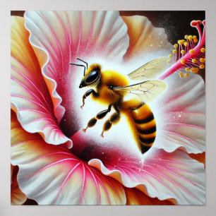 Póster La abeja poliniza una flor hibiscus floreciente