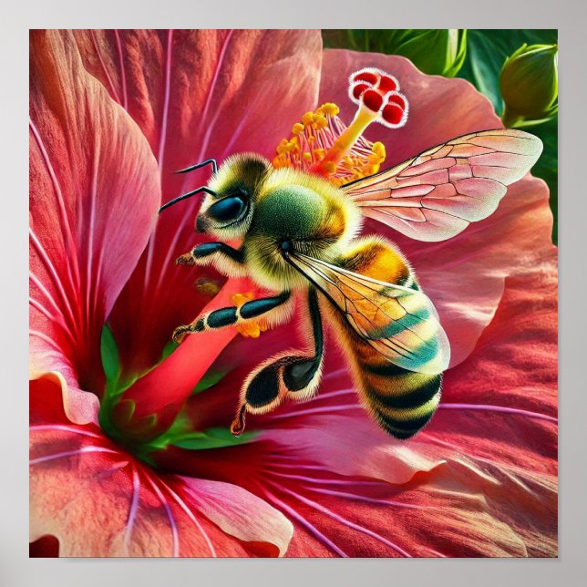 Póster La abeja poliniza una flor hibiscus vibrante (Frente)