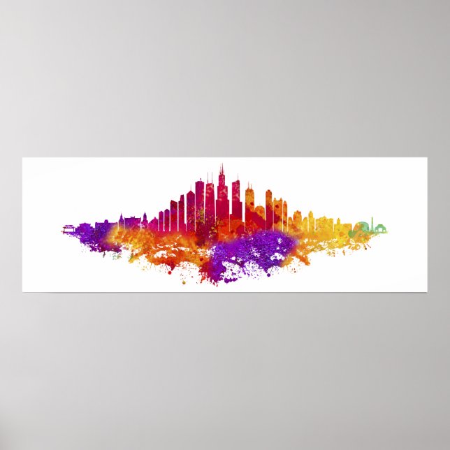 Póster La acuarela del Skyline de Chicago en blanco (Frente)