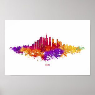 Póster La acuarela del Skyline de Chicago en blanco