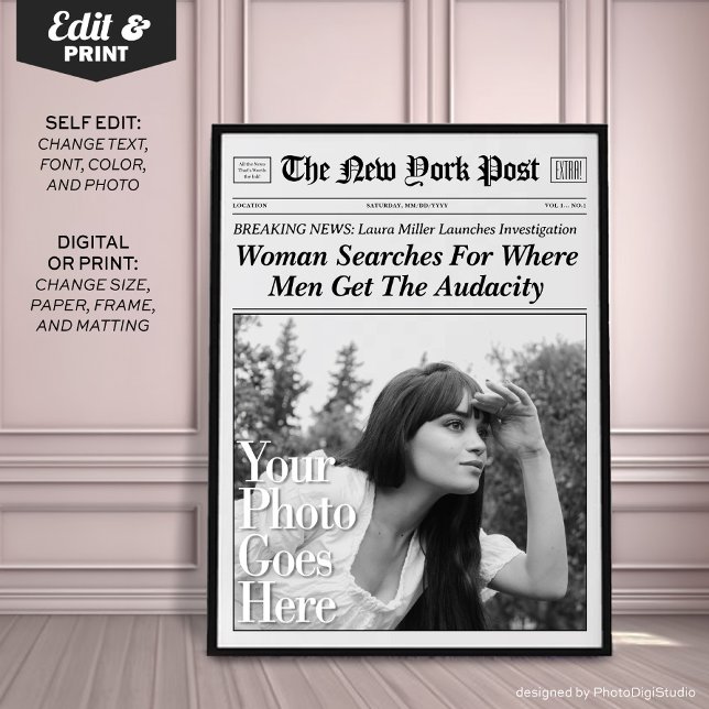 Póster La audacia de los hombres de moda en un periódico  (Personalized Newspaper Trendy Print for Girls  'Woman Searched For Where Men Get The Audacity' )
