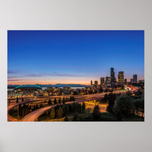 Póster La autopista I-5 y el centro de Seattle en el ocas