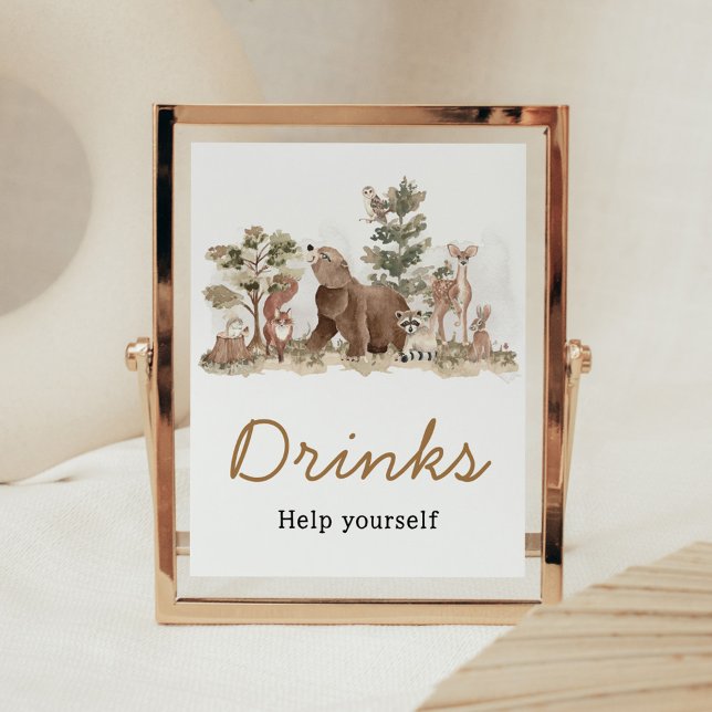 Póster La aventura de los animales de Woodland aguarda la (Adventure Awaits Woodland Animals Baby Shower Drinks Sign)