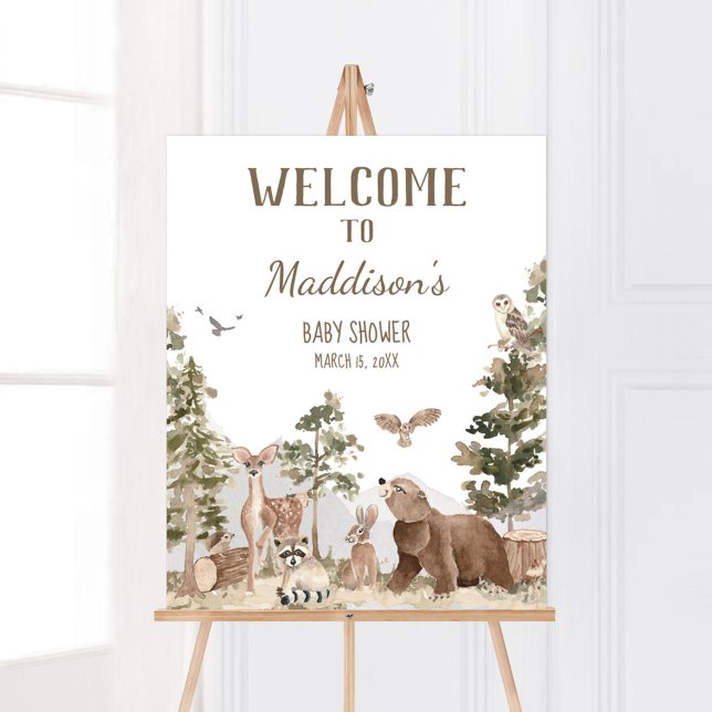 Póster La aventura espera la bienvenida de los animales d (Woodland Animals Adventure Awaits Baby Shower Welcome Sign)