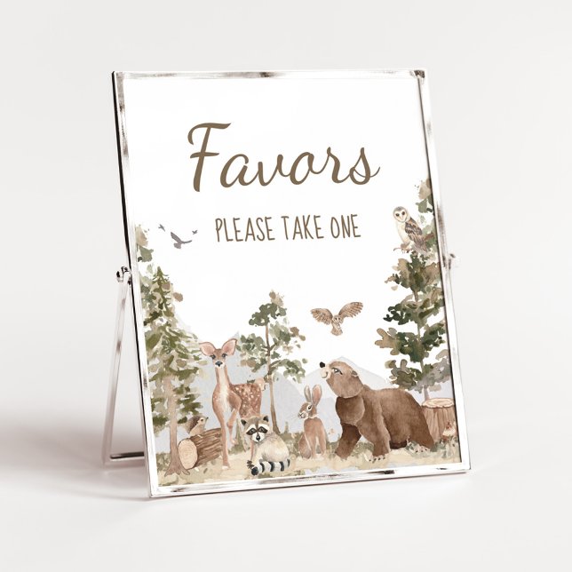 Póster La aventura espera los favores de los animales de  (Woodland Animals Adventure Awaits Baby Shower Favors Sign)
