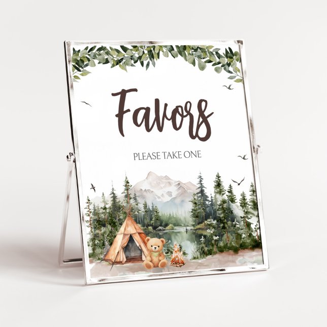 Póster La aventura espera los favores de montaña (Let the Adventure Begin Baby Shower Favors Sign)