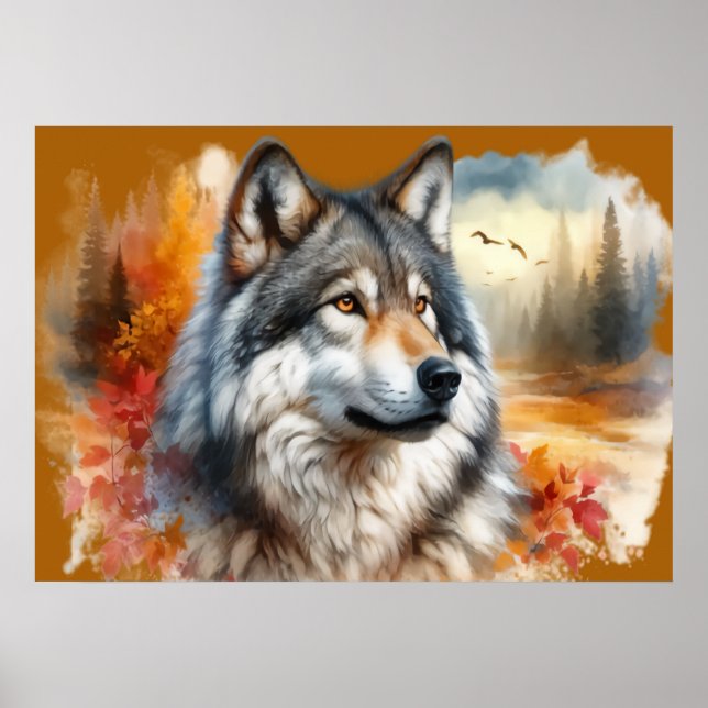 Póster La belleza de la naturaleza del lobo acuarela desa (Frente)