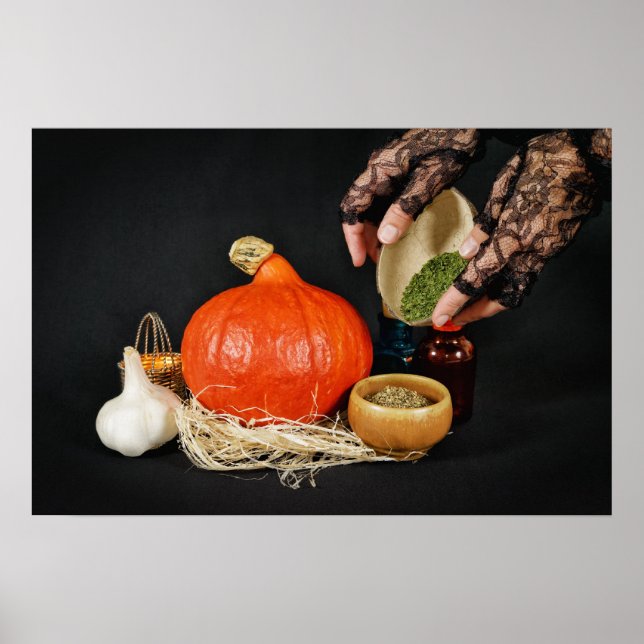 Póster La bruja de Halloween prepara una poción (Frente)