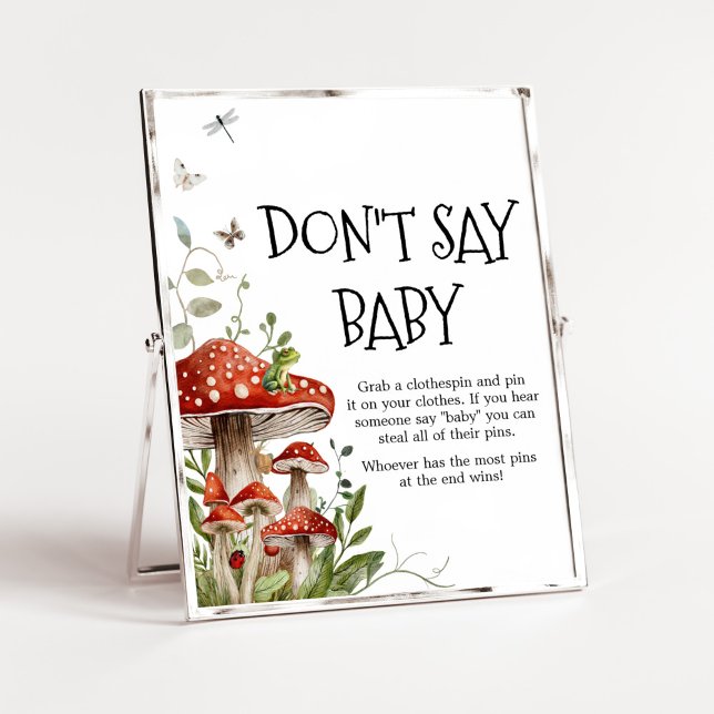 Póster La caída de hongos caprichosos no dice bebé (Whimsical Mushroom Baby Shower Don't Say Baby Sign)
