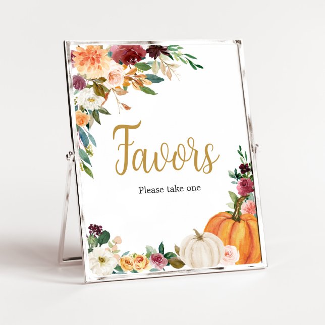 Póster La calabaza floral de borgoña favorece Baby Shower (Pumpkin Baby Shower Favors Sign)