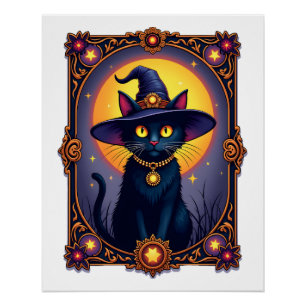 Póster La Carta de Tarot de Gato Bruja Halloween Vintage 