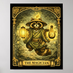 Póster La carta del mago Tarot Tanuki Yokai Mapache
