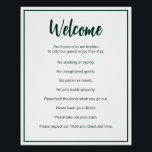 Póster La Casa de Vacaciones regula la plantilla verde os<br><div class="desc">La bienvenida aparece en un guión verde oscuro en la parte superior de esta casa, poster de reglas para una casa de alquiler a corto plazo. Una breve instrucción de apertura está debajo del guión. Luego hay ocho reglas de vivienda para una casa de alquiler a corto plazo. Todo el...</div>