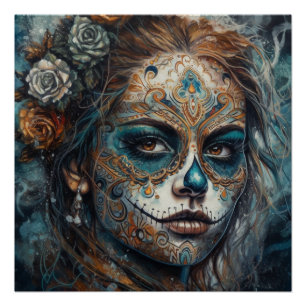 Póster La Catrina Azul Día de los Muertos Cráneo de Azúca