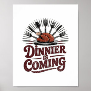 Póster La cena viene asada pavo tenedor corona Día de Acc