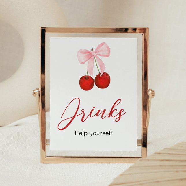 Póster La cereza en las mejores bebidas de Baby Shower (Cherry on Top Pink Bow Baby Shower Drinks Sign)