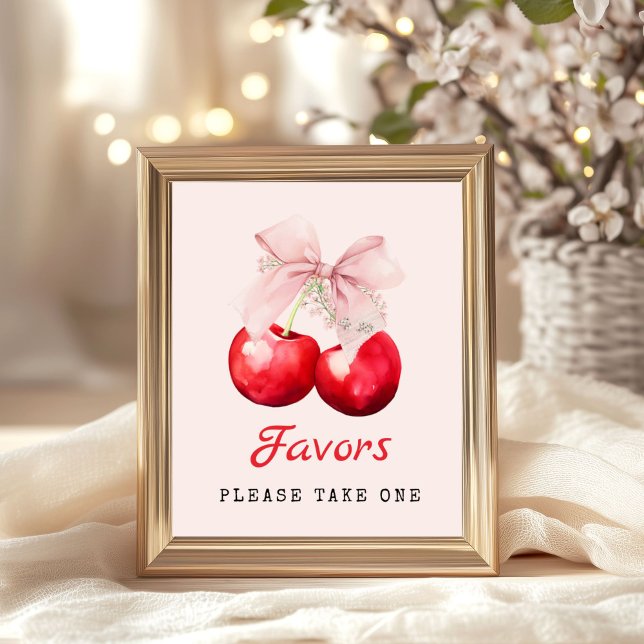 Póster La cereza en los mejores favoritos de Baby Shower  (Cherry on Top Pink Bow Baby Shower Favors Please take One Poster)