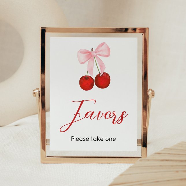 Póster La cereza en los mejores favoritos de Baby Shower (Cherry on Top Pink Bow Baby Shower Favors Sign)