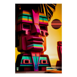 Póster La Choza Tiki en la Playa Synthwave