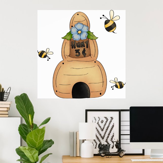 Póster La colmena de miel con flores azules y abejas (Subido por el creador)