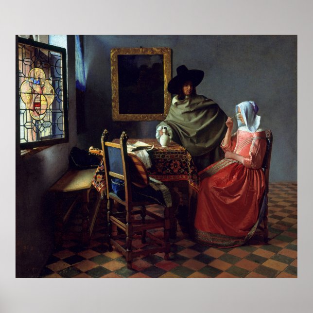 Póster La copa de vino de Johannes Vermeer, grande (Frente)