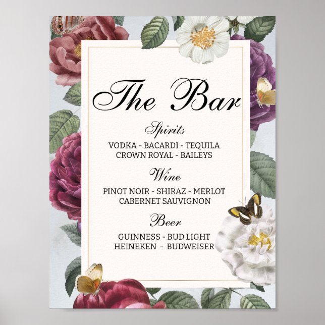 Póster La cosecha floral de mariposa Boda Bar (Frente)