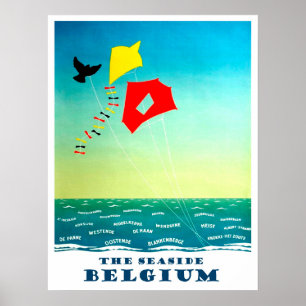 Póster La costa de Bélgica, volando cometas, vintage