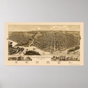 Póster La Crosse, mapa panorámico -1887 de los WI