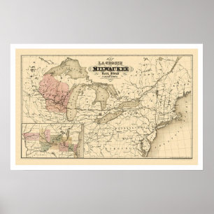 Póster La Crosse & Milwaukee Railroad Map 1855