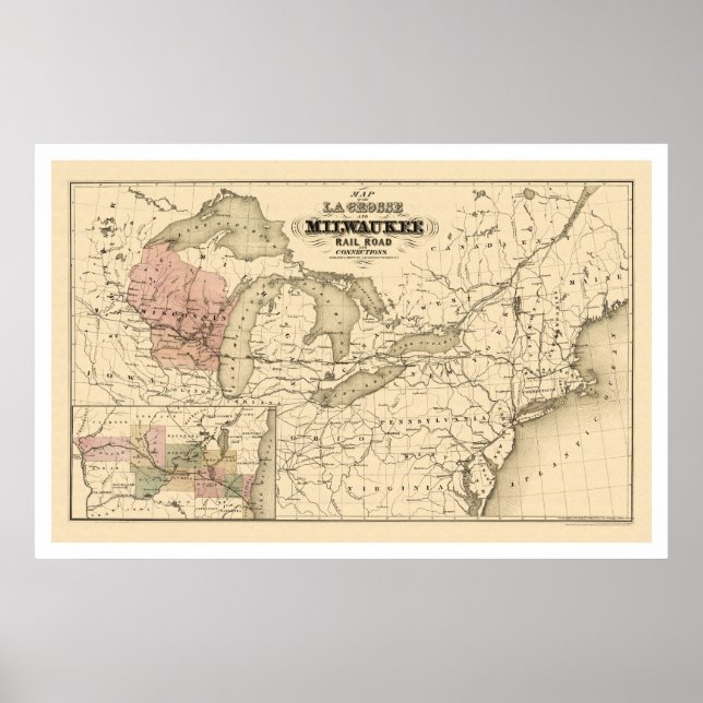 Póster La Crosse & Milwaukee Railroad Map 1855 (Frente)