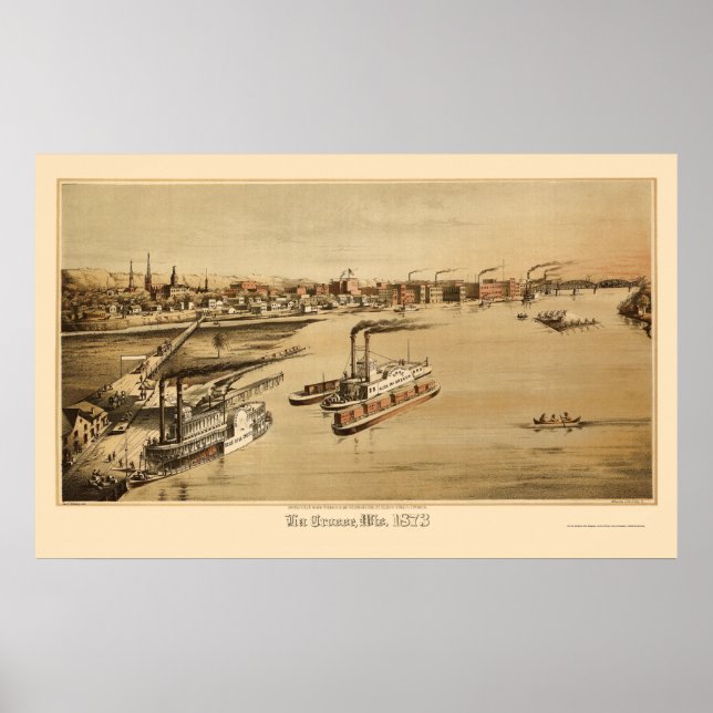 Póster La Crosse, WI Mapa Panorámico - 1873 (Frente)
