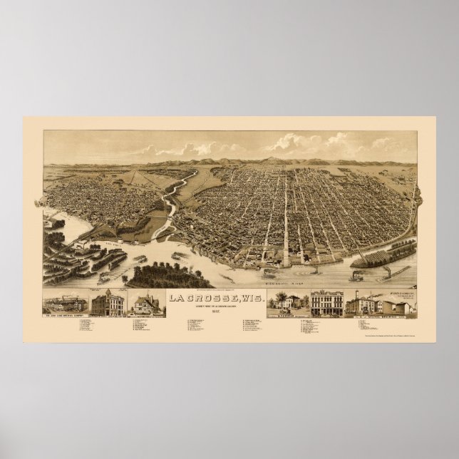 Póster La Crosse, WI Mapa Panorámico -1887 (Frente)
