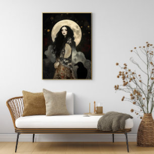 Póster La diosa Morrigan con cuervo oscuro Art Nouveau