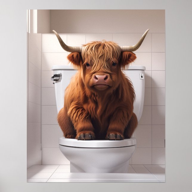 Póster La divertida vaca Highland en el baño de baños (Frente)