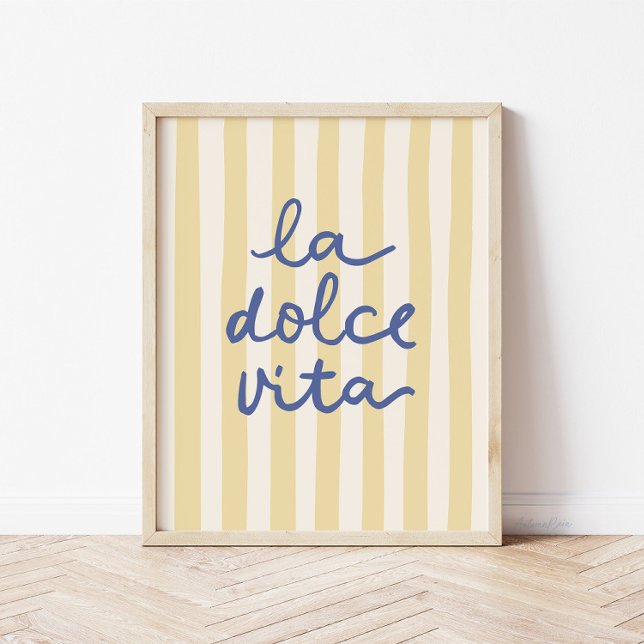 Póster La Dolce Vita Mediterránea Italiana Positano (La Dolce Vita print in yellow and blue with doodle script)