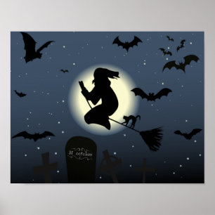 Póster la escena de Halloween de la bruja voladora