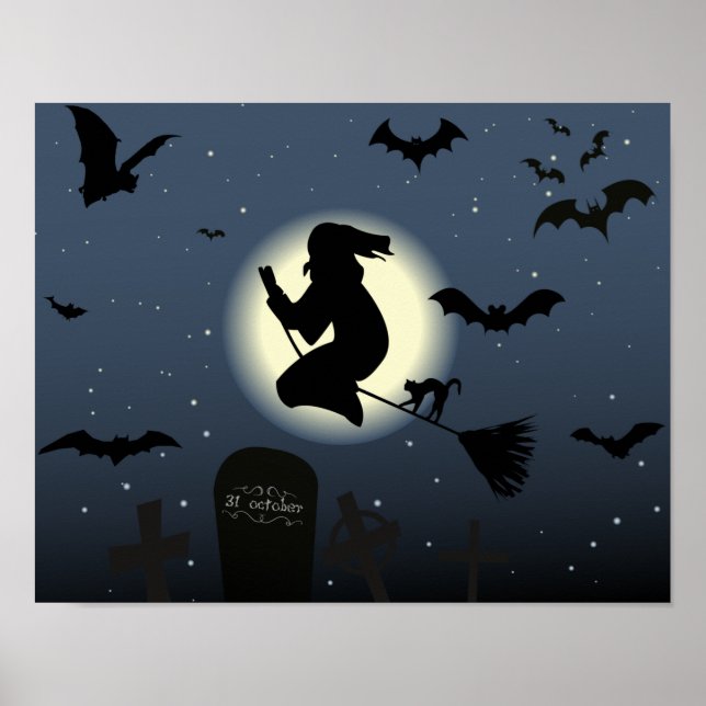 Póster la escena de Halloween de la bruja voladora (Frente)