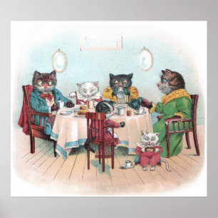 Póster La familia de gato se sienta para desayunar