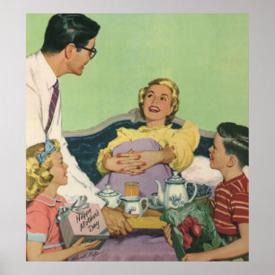 Póster La familia retro sirve a mamá desayuno en la cama