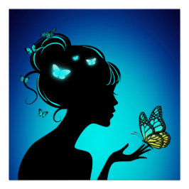 Poster La femme papillons bleues